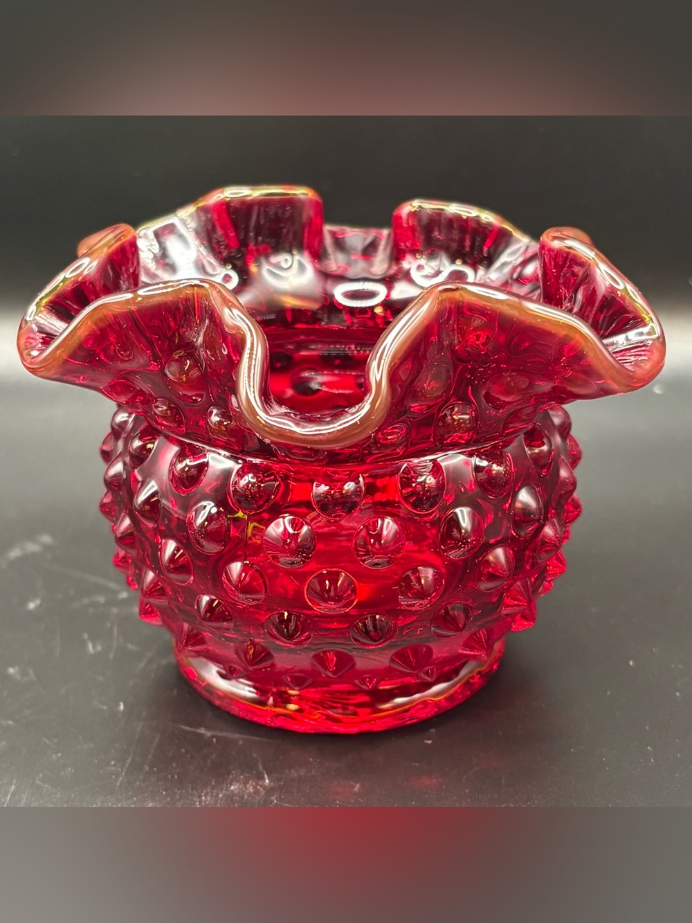 Vintage Fenton Amberina Hobnail Glass Rose Bowl Ruffled Vase Cadmium Glow 1980s